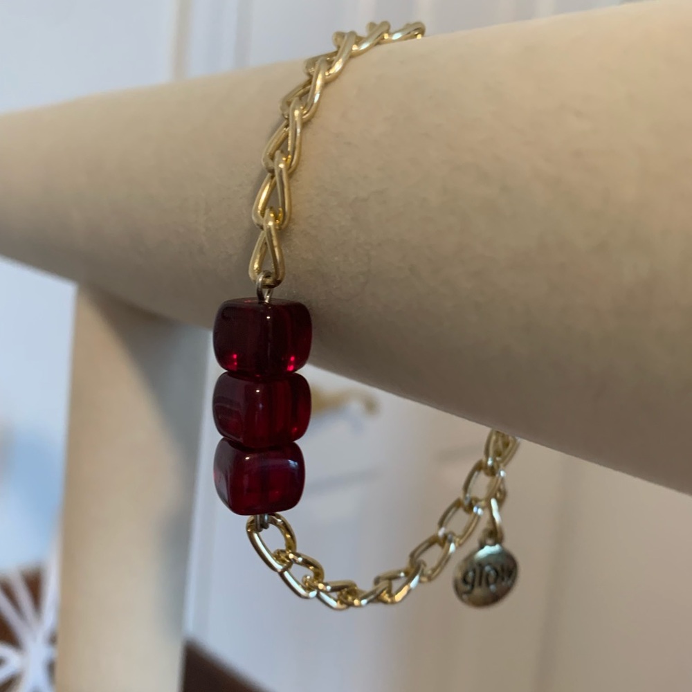 Gold Chain & Red Bead Bracelet adjustable size to 7”